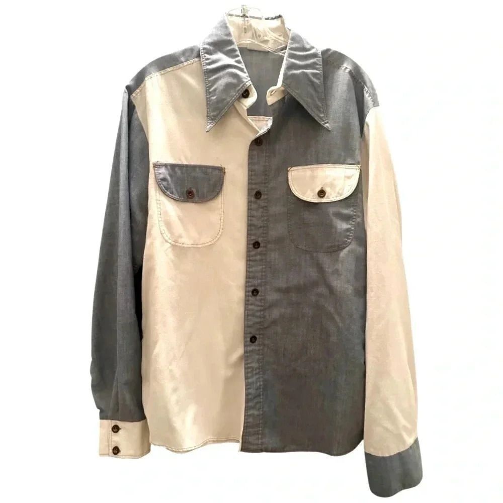 Vintage 70s Two-Tone Beige and Gray Men's Western/Cowboy Button-Down Shirt